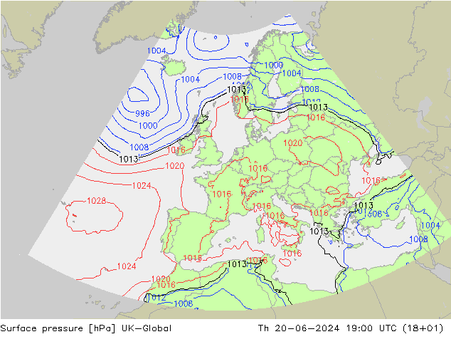 地面气压 UK-Global 星期四 20.06.2024 19 UTC