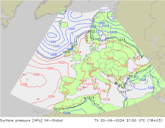 地面气压 UK-Global 星期四 20.06.2024 21 UTC