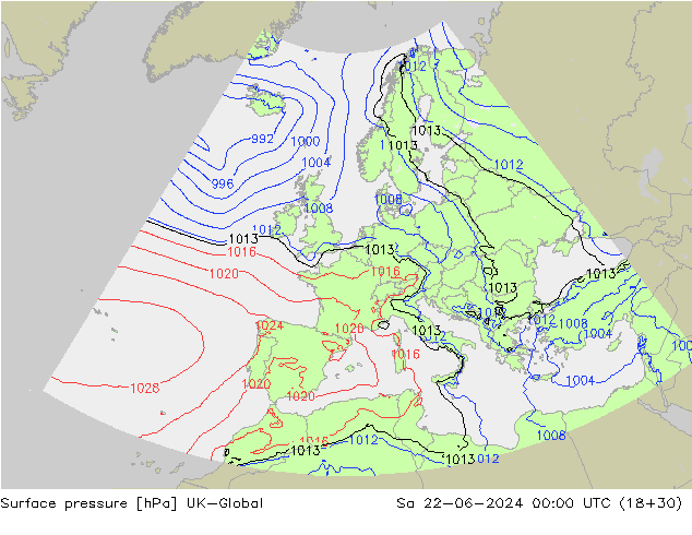 Surface pressure UK-Global Sa 22.06.2024 00 UTC