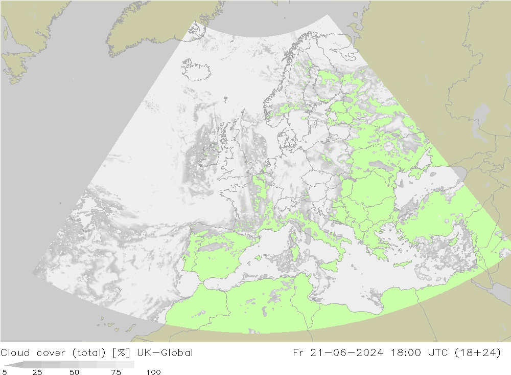 Bewolking (Totaal) UK-Global vr 21.06.2024 18 UTC