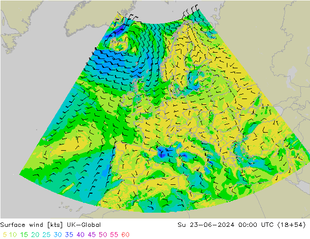 Rüzgar 10 m UK-Global Paz 23.06.2024 00 UTC