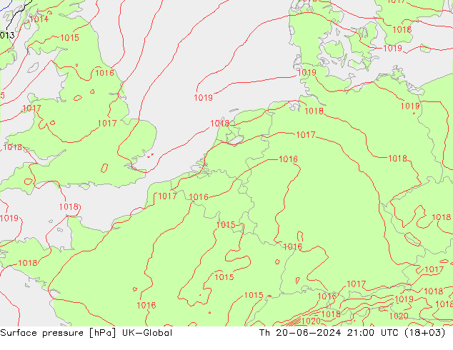 地面气压 UK-Global 星期四 20.06.2024 21 UTC