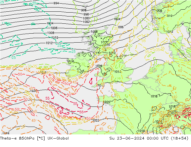 Theta-e 850hPa UK-Global Su 23.06.2024 00 UTC