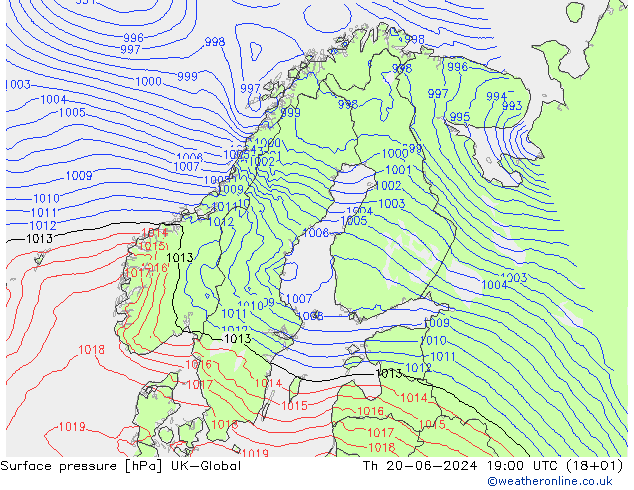 地面气压 UK-Global 星期四 20.06.2024 19 UTC