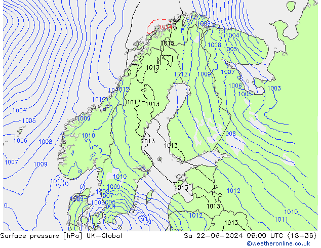 Atmosférický tlak UK-Global So 22.06.2024 06 UTC