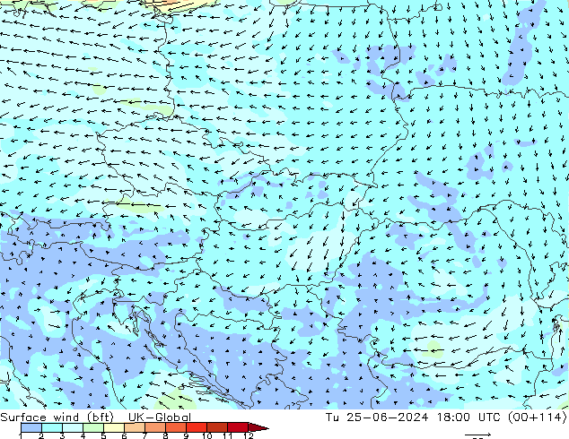 Surface wind (bft) UK-Global Út 25.06.2024 18 UTC