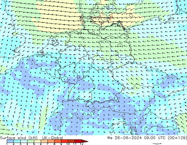 Vent 10 m (bft) UK-Global mer 26.06.2024 09 UTC