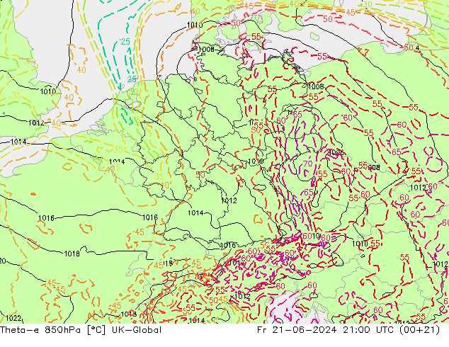 Theta-e 850hPa UK-Global Fr 21.06.2024 21 UTC