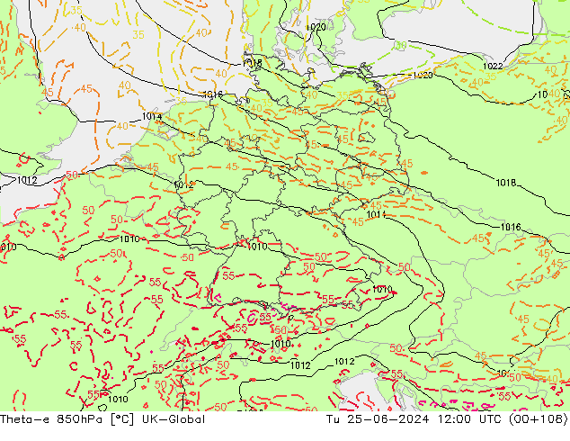 Theta-e 850hPa UK-Global mar 25.06.2024 12 UTC