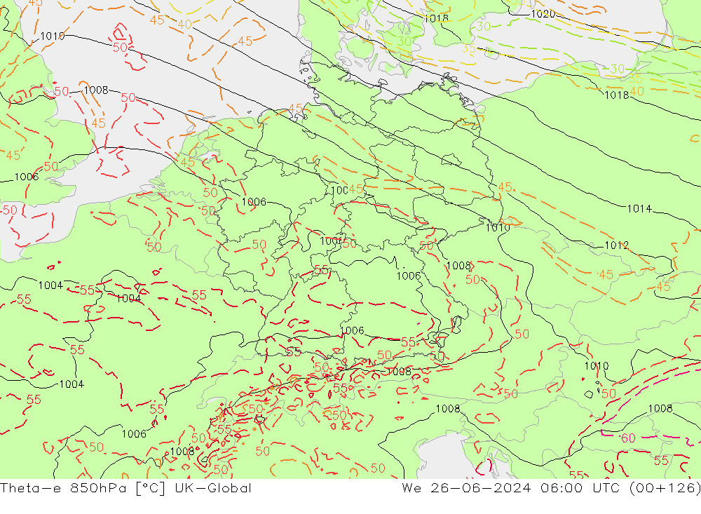 Theta-e 850hPa UK-Global mer 26.06.2024 06 UTC