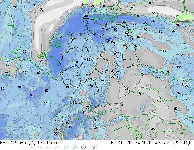 Humedad rel. 850hPa UK-Global vie 21.06.2024 15 UTC