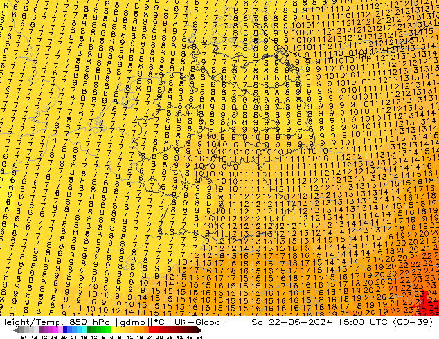 Geop./Temp. 850 hPa UK-Global sáb 22.06.2024 15 UTC