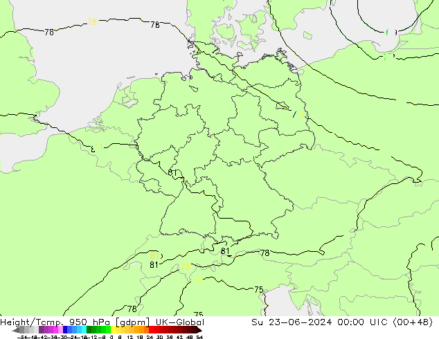 Height/Temp. 950 hPa UK-Global nie. 23.06.2024 00 UTC