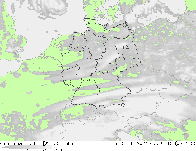 Nuages (total) UK-Global mar 25.06.2024 09 UTC