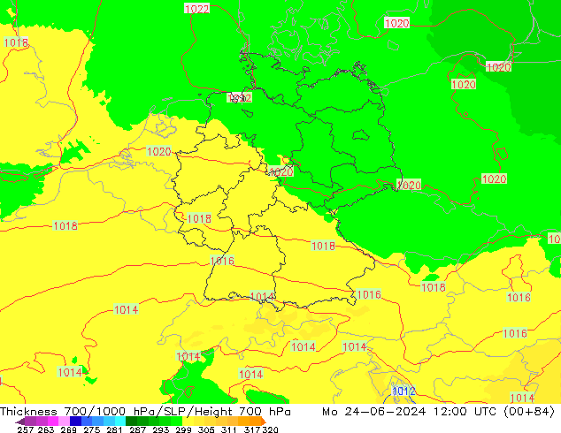 Thck 700-1000 hPa UK-Global Mo 24.06.2024 12 UTC