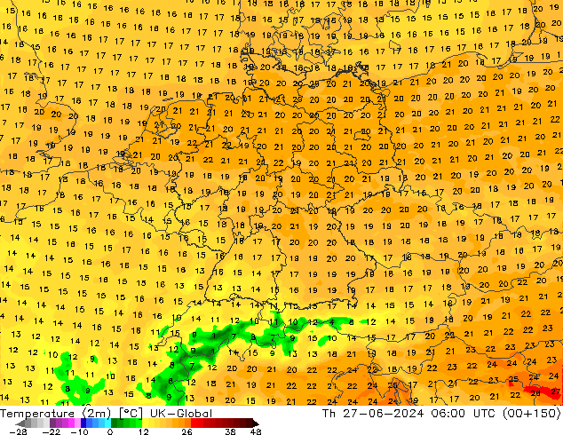 température (2m) UK-Global jeu 27.06.2024 06 UTC