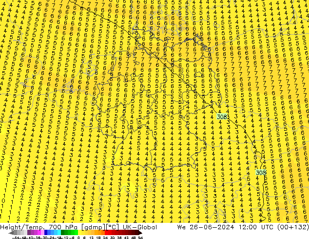 Height/Temp. 700 hPa UK-Global We 26.06.2024 12 UTC