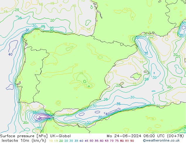 Isotachs (kph) UK-Global Mo 24.06.2024 06 UTC