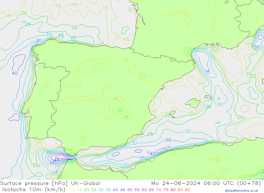 Isotachs (kph) UK-Global Mo 24.06.2024 06 UTC