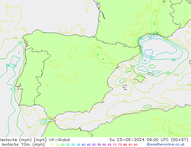 Isotachs (mph) UK-Global Su 23.06.2024 09 UTC