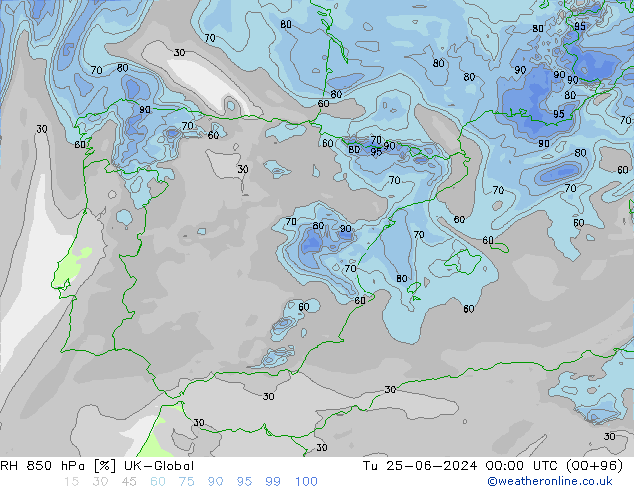 RH 850 hPa UK-Global Tu 25.06.2024 00 UTC