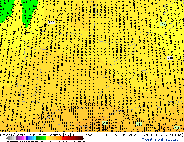 Hoogte/Temp. 700 hPa UK-Global di 25.06.2024 12 UTC