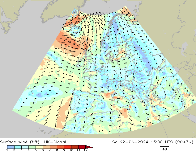 Wind 10 m (bft) UK-Global za 22.06.2024 15 UTC