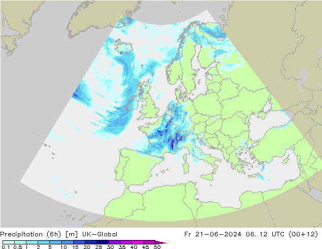 Precipitación (6h) UK-Global vie 21.06.2024 12 UTC