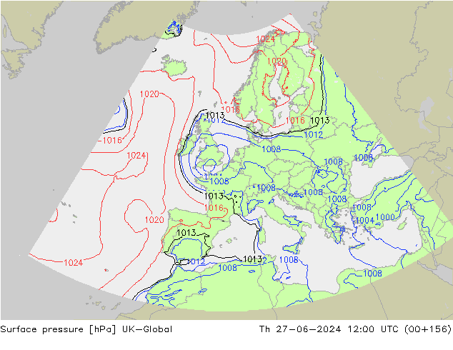 Pressione al suolo UK-Global gio 27.06.2024 12 UTC