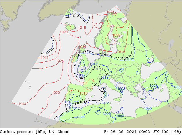 Pressione al suolo UK-Global ven 28.06.2024 00 UTC