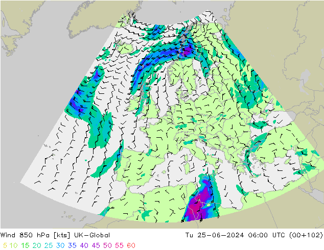 Wind 850 hPa UK-Global Tu 25.06.2024 06 UTC