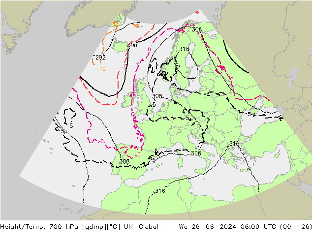 Height/Temp. 700 hPa UK-Global We 26.06.2024 06 UTC