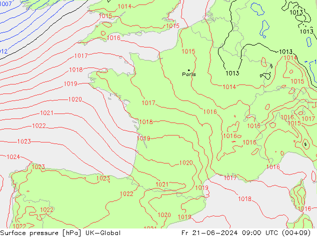 Atmosférický tlak UK-Global Pá 21.06.2024 09 UTC