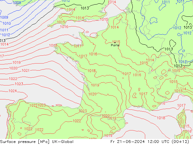 Pressione al suolo UK-Global ven 21.06.2024 12 UTC