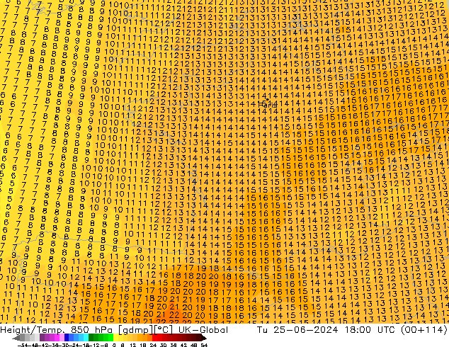 Height/Temp. 850 hPa UK-Global Út 25.06.2024 18 UTC