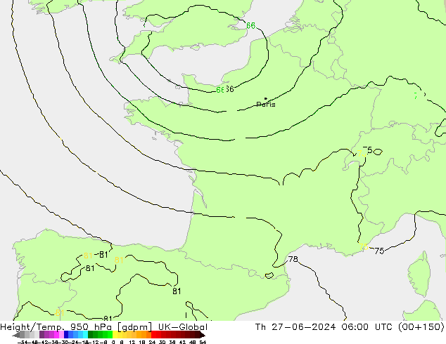 Height/Temp. 950 hPa UK-Global czw. 27.06.2024 06 UTC