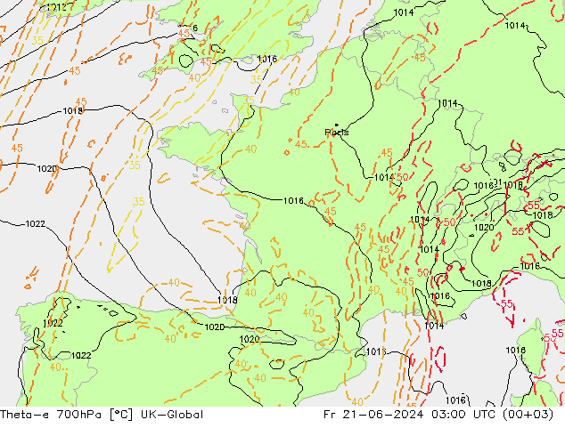 Theta-e 700hPa UK-Global Sex 21.06.2024 03 UTC