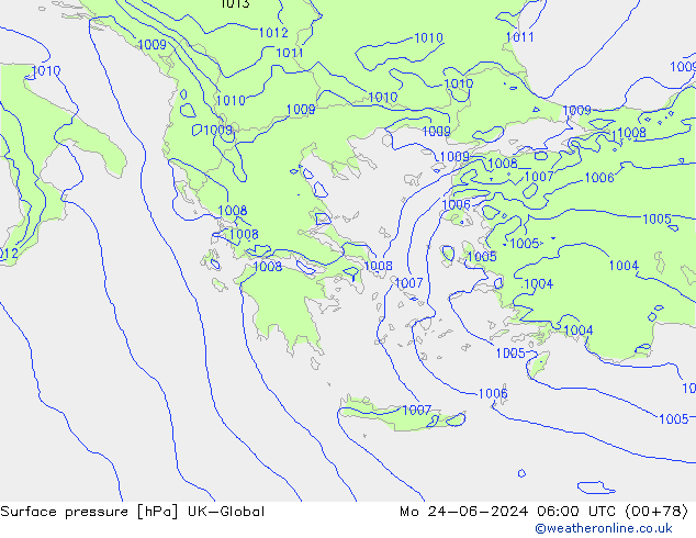 Surface pressure UK-Global Mo 24.06.2024 06 UTC