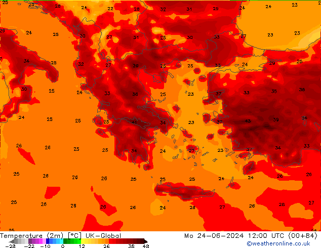Sıcaklık Haritası (2m) UK-Global Pzt 24.06.2024 12 UTC