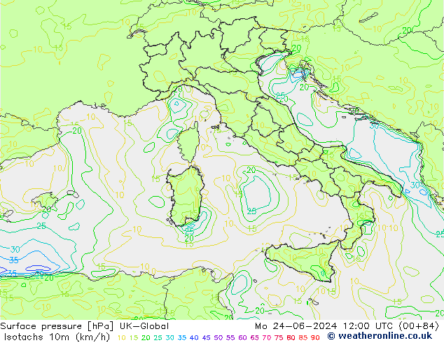 Eşrüzgar Hızları (km/sa) UK-Global Pzt 24.06.2024 12 UTC