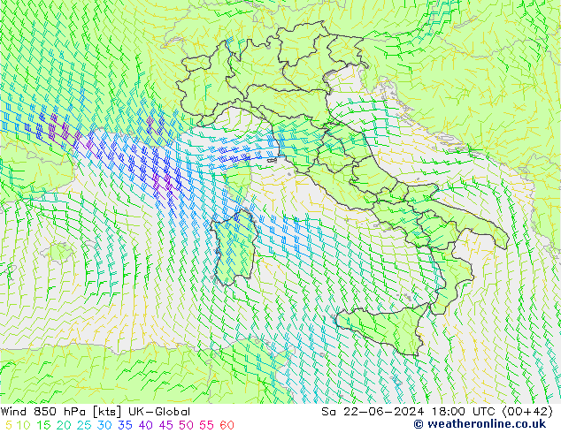 Viento 850 hPa UK-Global sáb 22.06.2024 18 UTC