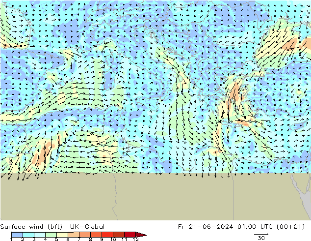 Vento 10 m (bft) UK-Global ven 21.06.2024 01 UTC