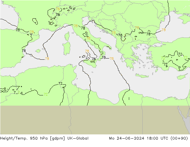 Height/Temp. 950 hPa UK-Global Po 24.06.2024 18 UTC