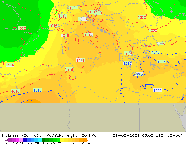 Thck 700-1000 гПа UK-Global пт 21.06.2024 06 UTC