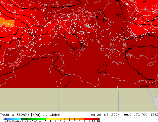 Theta-W 850hPa UK-Global śro. 26.06.2024 18 UTC