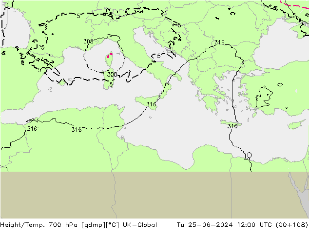 Height/Temp. 700 hPa UK-Global Tu 25.06.2024 12 UTC