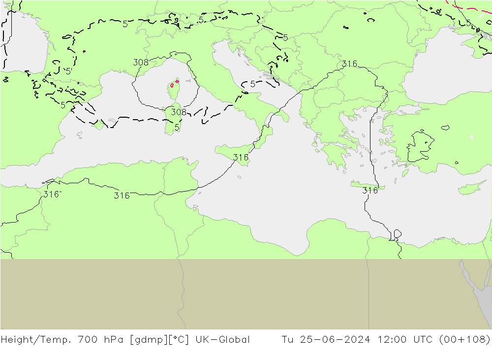 Height/Temp. 700 hPa UK-Global Tu 25.06.2024 12 UTC