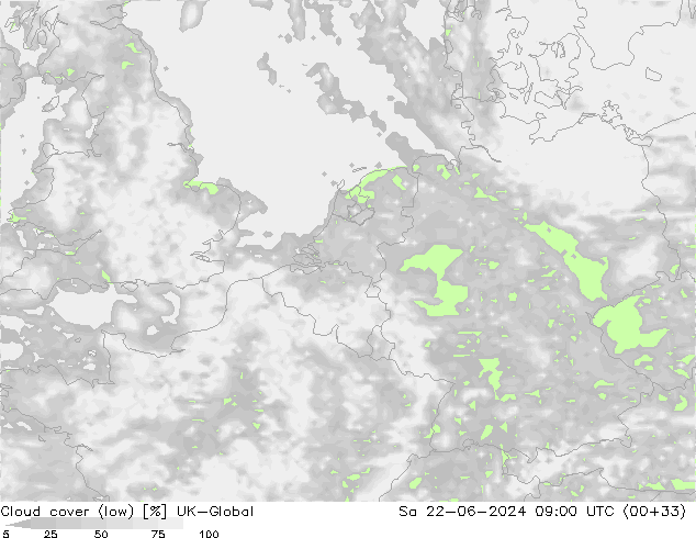 Bewolking (Laag) UK-Global za 22.06.2024 09 UTC
