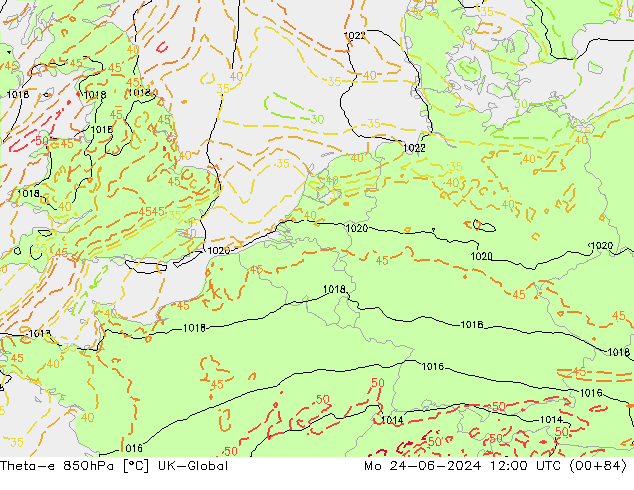 Theta-e 850hPa UK-Global  24.06.2024 12 UTC