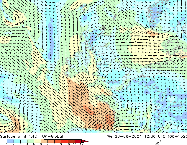 Surface wind (bft) UK-Global We 26.06.2024 12 UTC